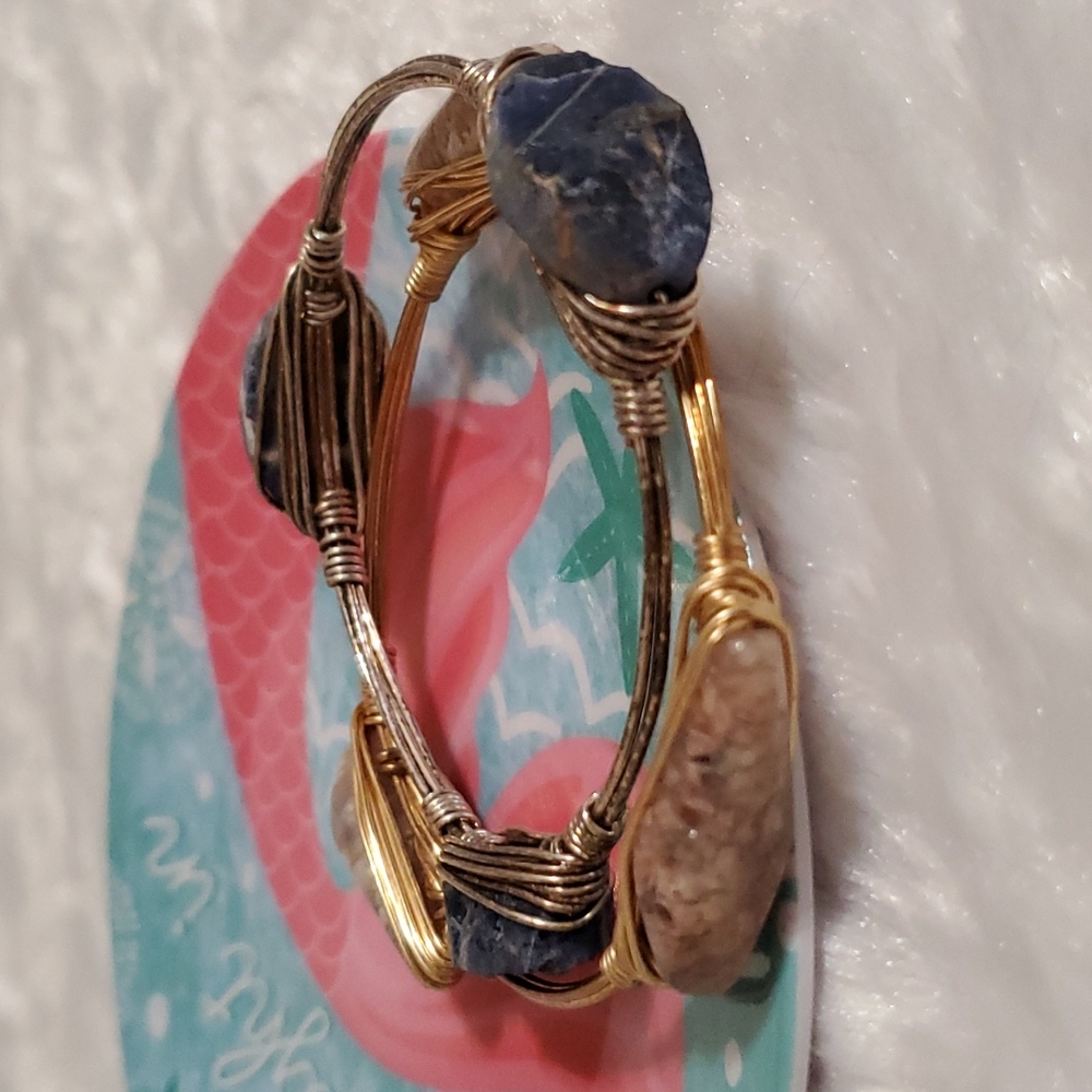 Wire wrapped pair of gold bronze tone artisan beaded gemstone bangle bracelets - Picture 7 of 7